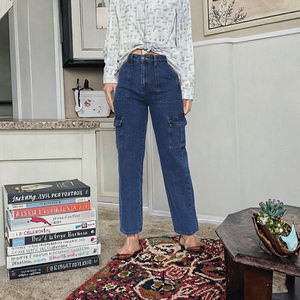 Pantalones Cargo Holgados de Cintura Alta para Mujer, Jeans de Mezclilla Tejidos de Invierno con Decoración de Botones, Cintura Elástica, Diseño de Pierna Ancha - Product Image 2