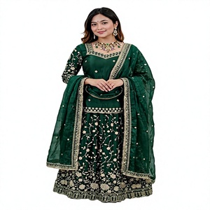 Traditional Indian Pakistani Women's <b>Green</b> <b>Silk</b> Kurta Set With Floral Embroidery Floor-Length Wedding Wear Regular Fit - Product Image 1