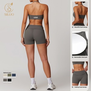 Factory Wholesale Custom SILUO Women's 4Pcs Outfits Halter Neck Sports Bra Crop Tops High Waist Shorts Leggings Active Set - Product Image 4
