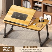 Table pliable pour ordinateur portable avec ventilateurs USB doubles, bureau en bois, 5 angles de hauteur réglables, cadre métallique, support portable pour lit et canapé