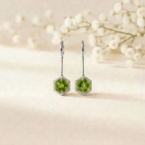 Peridot Gemstone <b>Earrings</b> Hexagon Cut Drop <b>Earrings</b> with CZ Accent Elegant Green <b>Dangle</b> <b>Earrings</b> in 925 Sterling <b>Silver</b> - Product Image 2