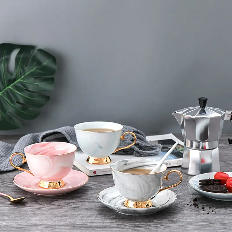 Chic Ceramic Marble Coffee and Saucer Set Fashion Glasses Gold-plated Porcelain Tea Breakfast Morning Milk Jug Cup
