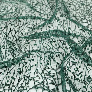 진한 녹색 우아한 100% 폴리 에스터 3mm 스팽글 자수 레이스 패브릭 스팽글 드레스 한국 폴리 메쉬