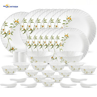 Service de table en verre opale 34 pièces, motifs floraux variés, bord festonné, assiettes, bols, cuillères, pots, ensemble de table domestique