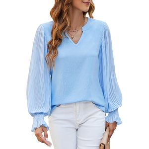 Blusa de Gasa con Cuello en V para Mujer, Manga Campana, Plisada, Elegante, Top de Primavera/Verano, Camisa Casual y Elegante - Product Image 1