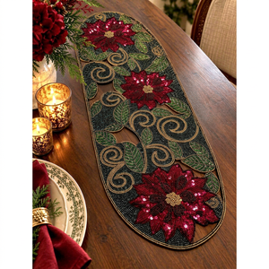 Oval Fabric Table <b>Runner</b> <b>Christmas</b> Poinsettia Beaded Design Handmade Mats & Pads - Product Image 1