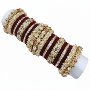 Royal Bridal Kundan and Pearl Velvet <b>Bangles</b> Elegant Pearl Bracelets <b>Set</b> Perfect for Wedding Jewelry Collection - Product Image 2