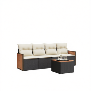 Black Pe <b>Rattan</b> Garden <b>Sofa</b> Set 4 Seater Weather Resistant Outdoor Furniture Contemporary Design Teak Wood Frame - Product Image 1