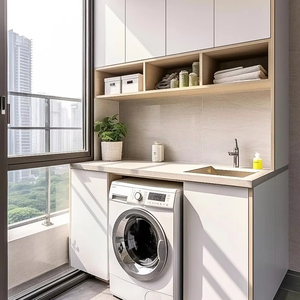 Mueble de Lavandería Moderno Blanco con Lavabo y Lavadora Integrada, Puerta sin Tiradores, Personalizado para Apartamento - Product Image 1