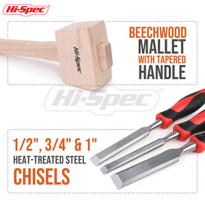 Hi-Spec Carving Chisel Set 1 3/4 1/2 Inch Woodworking Tools With Wooden Mallet - Product Image 3