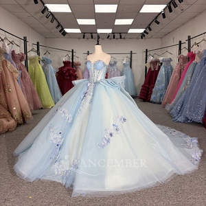 ชุดเดรสสีฟ้าอ่อนสำหรับงาน Quinceanera ประดับดอกไม้สีน้ำเงิน ชุดราตรีประดับมุก Vestidos De Quinceanera Dy1335 - Product Image 4
