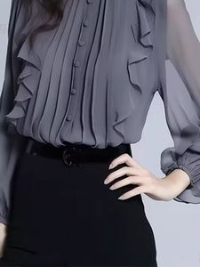 Haut de gamme col montant chemise femmes printemps et automne nouveau sens de la mode à volants à manches longues petit haut de chemise - Product Image 4