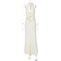 Nouvelle Robe Longue Sexy d'Été pour Femme Style Européen et Américain avec Col en V, Volants, Bretelles et Détails Torsadés