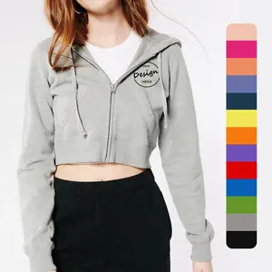 Custom wholesale fleece loose fit casual running women sports zip up clothing with print crop hoodie with zipper