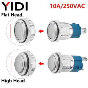 16mm 10A phẳng cao đầu kim loại đẩy nút chuyển đổi không thấm nước tạm thời latching 2 4 pins pushbutton với vòng điện biểu tượng <span class=keywords><strong>Led</strong></span> - Product Image 2