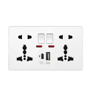 Placa grande UK 13A conmutada doble 5 pines 18W 3.1A USB tipo C carga rápida, enchufe de pared de panel de PC blanco de alta calidad