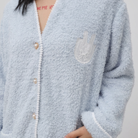 Robes et peignoirs pour femmes, ensemble de pyjama en polaire à manches longues GR062 gris clair bleu, col en V, longueur intégrale