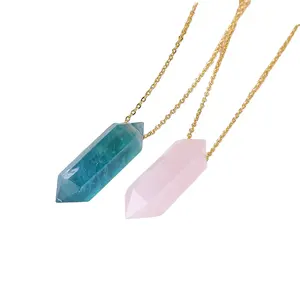 Natural rose quartz crystal double point pendant healing stone fluorite necklace jewelry