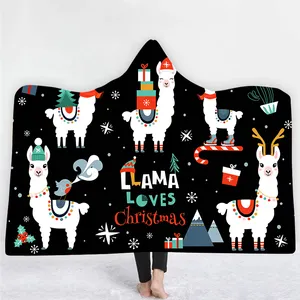 Custom Design Hot Koop Digital Print Print Wearable Zachte Warme Fleece Fluwelen Vrolijk Kerstfeest Lama Print Hooded Deken