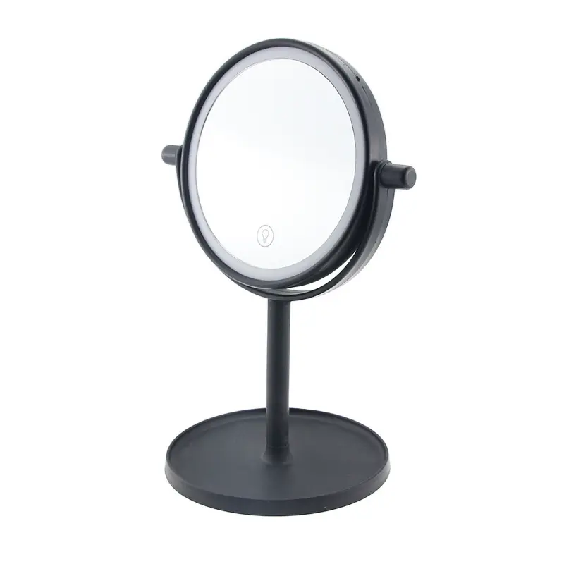 Factory Customized Logo Small round Table Vanity Mirror Desk with Rechargeable LED Light Makeup Black Framed Standing Mirror