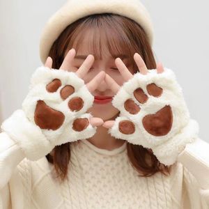 Women's Winter <b>Cat</b> <b>Paw</b> <b>Gloves</b> Plush Half Finger Warm Fleece Lined Korean Style - Product Image 1
