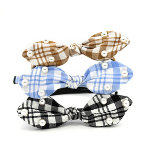 En gros plaid noeud noeud fait main <span class=keywords><strong>lapin</strong></span> <span class=keywords><strong>oreille</strong></span> perle bandeaux bandeaux cheveux cerceau - Product Image 2