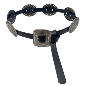 Sabuk Pinggang Wanita PU dengan Hiasan Concho Perak Antik Bermotif Bunga, Gesper Persegi dari Paduan Logam, Sabuk Retro Boho untuk Gaya Kasual Barat - Product Image 1