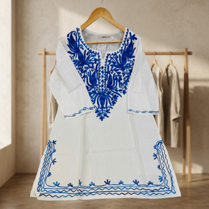 Women's Embroidered Lucknow Chikankari High-quality Breathable O-Neck <b>Linen</b>/Cotton Casual Short Kurti <b>Top</b> <b>Tunic</b> Geometric - Product Image 2