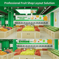 L-vormige enkelzijdige trapvormige displaykast van staal & hout, heavy-duty, aanpasbaar, voor fruitwinkels en supermarkten.