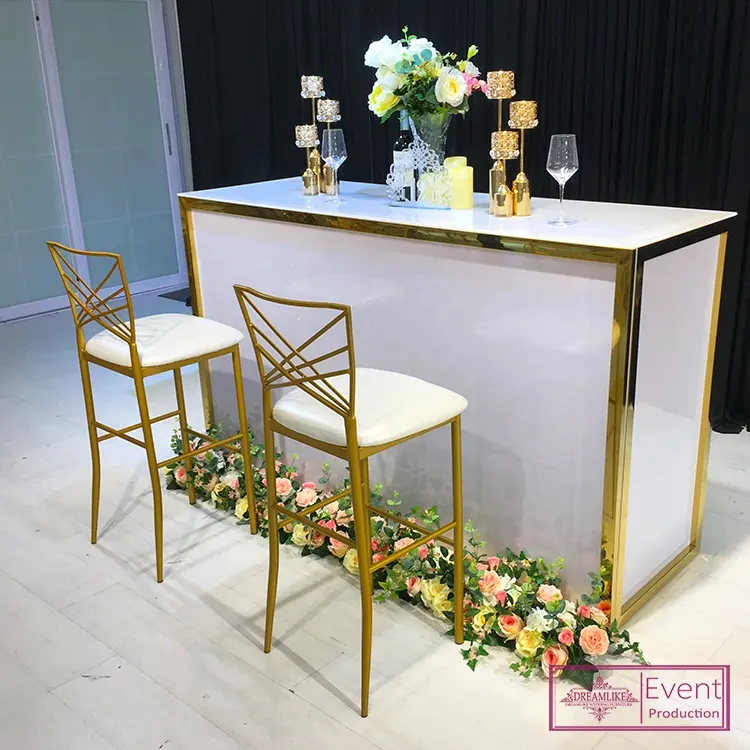Wedding furniture high used counter stool for nightclub golden metal frame steel bar chair
