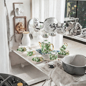 Service à café et thé en porcelaine fine BEST Green Leaf, théière et tasses avec soucoupes, poignée dorée, pour la maison et les mariages - Product Image 3