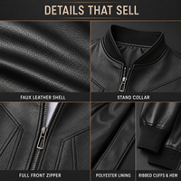Blouson en cuir pour homme – En stock – Faux cuir – Style aviateur – Col montant – Fermeture éclair intégrale – Poignets et ourlet côtelés – Poches latérales – Automne – Baseball – Moto – Biker