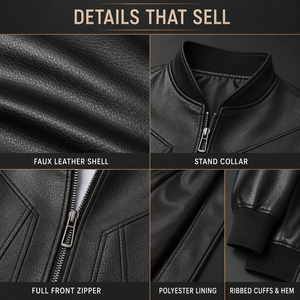 Chaqueta <span class=keywords><strong>de</strong></span> Cuero para <span class=keywords><strong>Hombre</strong></span>, en Stock, <span class=keywords><strong>Estilo</strong></span> Bomber <span class=keywords><strong>de</strong></span> Imitación, Cuello Alto, Cremallera Completa, Puños y Dobladillo Acanalados, Bolsillos Laterales, Otoño, Béisbol, Moto, Biker - Product Image 2