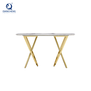 Tavolo Console Moderno in Ferro Dorato con Supporto Curvo, Lussuoso Tavolo Consul in Marmo Travertino Grigio Scuro con Finitura Laser - Product Image 5