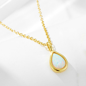 925 Sterling Silver Women Gold Plated White Synthetic <b>Opal</b> Teardrop Link Chain <b>Necklace</b>-Romantic Wedding Engagement Gift - Product Image 4