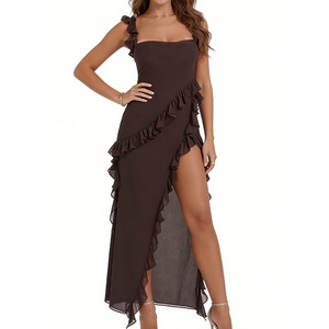 Vestido Maxi Elegante y Romántico para Mujer con Volantes, Tirantes Finos y Abertura Alta - Moda - Product Image 5