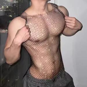 Débardeur en nylon pour homme, orné de strass, style maille filet, séchage rapide, transparent, coupe <span class=keywords><strong>musclée</strong></span>, <span class=keywords><strong>sexy</strong></span>, pour club de nuit, Bungee - Product Image 2