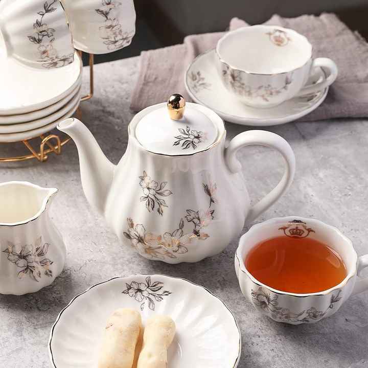 8 OZ Cups and Saucer Service Porcelain Tea Sets with Teapot Sugar Bowl Cream Pitcher Teaspoons and Tea Strainer for Tea Coffee