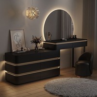 Coiffeuse de chambre style crème avec miroir LED, entièrement en bois massif, ultra-étroite, intégrée à une table de chevet rabattable, écologique