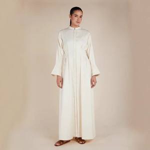 Col mandarin <span class=keywords><strong>décolleté</strong></span> structuré manchette évasée manches cloche Maxi plis coton blanc robes modestes - Product Image 3