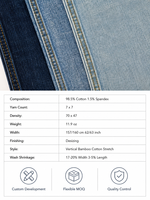 Tela vaquera elástica de algodón de fibra larga, 98.5% algodón, 11.9 oz, azul extra profundo, gris oscuro, 62-63 pulgadas, sarga, tacto firme