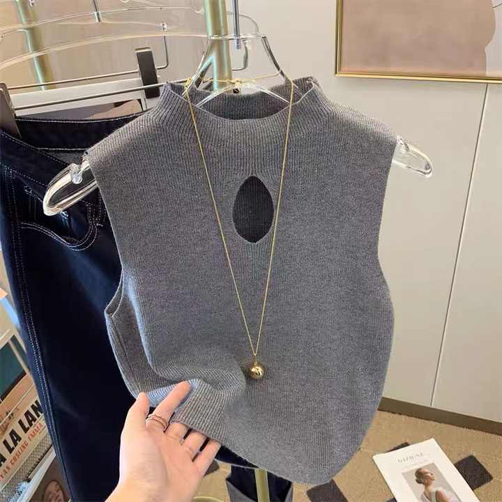 RNSHANGER Fashion Half Turtleneck Hollow Out Knitted Tank Top Summer