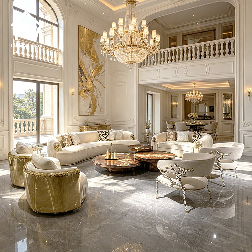 Luxury Molten Gold Brass Leather Sofa Set Kintsugi Burl Wood Coffee Table Curved Couch for High-end Hotel/Mansion Design Project