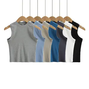 Hot sale casual knitted O neck sleeveless basics tank top sexy sport multiple color options women T-shirts