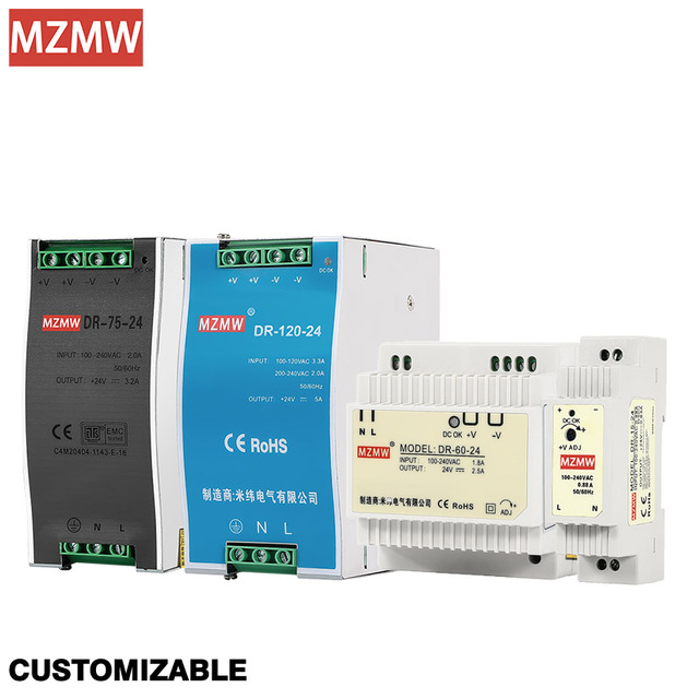 MZMW OEM DR 15W 60W 75W 120W 240W 480W 5V 12V 15V 24V 48V Led Driver Cctv Industrial SMPS AC DC Din Rail Switching Power Supply