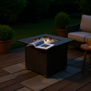 Tavolo da esterno moderno in vimini con braciere a gas propano da 30 pollici con coperchio e pietre di vetro per riscaldamento del patio - Product Image 2