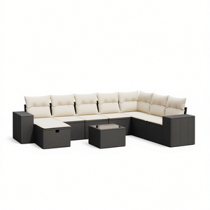 Ensemble de canapés de jardin en rotin noir, mobilier de patio extérieur, design moderne, résistant aux UV, grand canapé modulaire avec rangement et table basse - Product Image 1