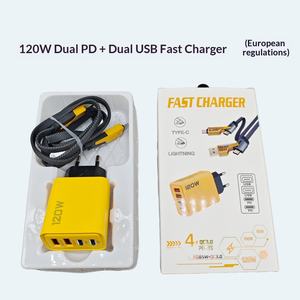 Cargador de Pared Rápido de 120W con 4 Puertos, Doble PD + Doble USB, <span class=keywords><strong>Adaptador</strong></span> de Carga Rápida para iPhone y Teléfonos Móviles Android - Product Image 1