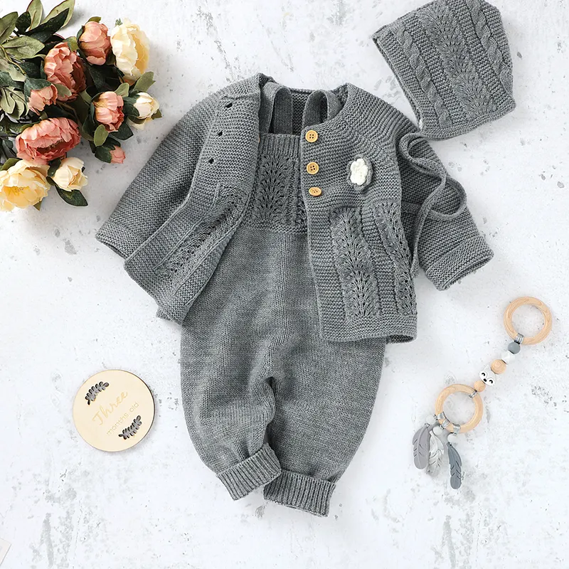 Newly Designed Baby Clothing Set Freely Collocation Solid Color Baby Knitted Coat Romper Hat 3pcs Suit For Boy Girl