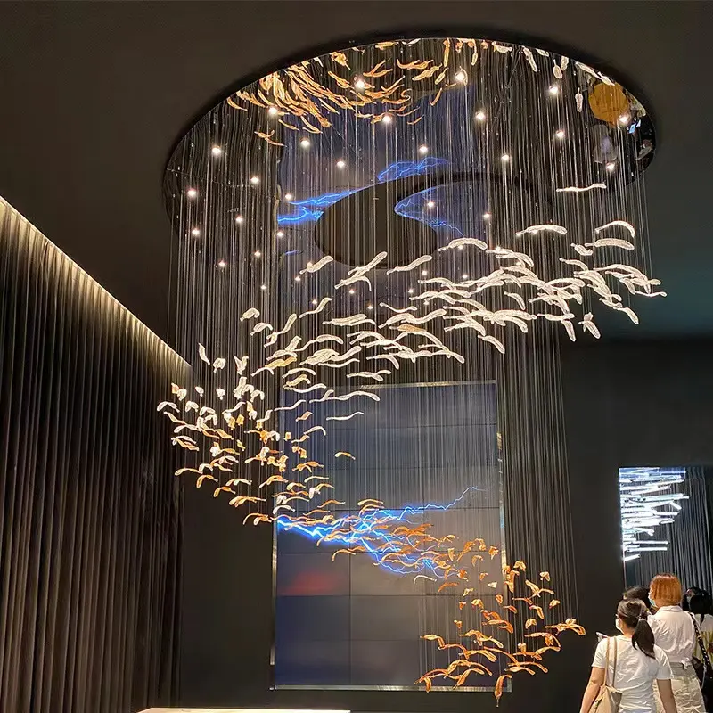 Lustre de penas com pingente de vidro, lustre moderno personalizado, arte de fábrica, hotel, lobby, cristal, luzes de escada